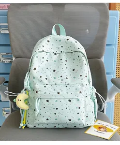 Light green star print casual student school backpack with front pocket and cute plush pendant