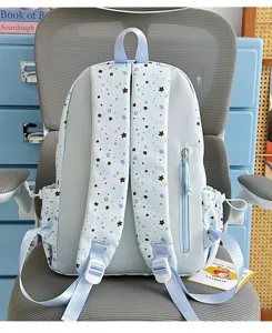 Light blue student backpack detail showing cute star prints, shoulder straps, and side pockets.