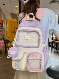 Zaino da scuola in stile giapponese colorblock con tasca trasparente e grande capacità per ragazze.