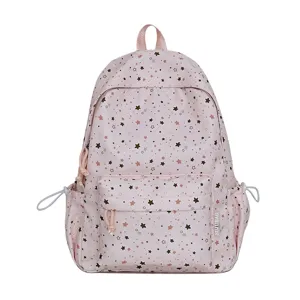 Pink cute star print canvas school backpack casual large capacity daypack for students