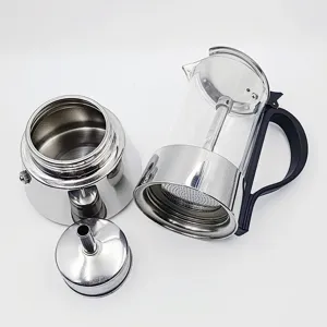 Gedetailleerd overzicht van transparante glas roestvrijstalen moka pot onderdelen voor koffie.