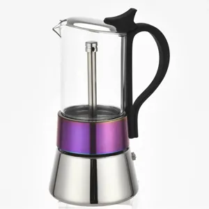 Glazen mokapot met roestvrijstalen basis en paarse verloopring voor heerlijke espressokoffie.