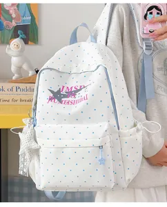 Japanese anime style polka dot school backpack with star print, large capacity student bag.