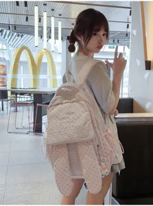 Joli sac à dos style Harajuku japonais rayé rose avec oreilles de lapin et motif d'étoiles.