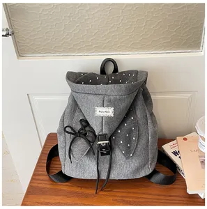 Grauer Hutstil Stoff Rucksack für Damen, süßes Pünktchen Futter lässige Schultasche mit Kordel.