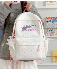 Detail view of Japanese anime style star print polka dot large capacity school backpack.