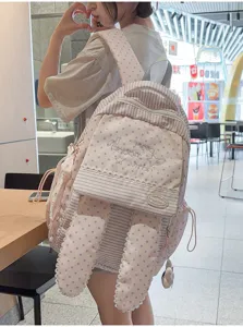 Joli sac à dos Harajuku oreilles de lapin étoiles, cartable rayé rose pour étudiante