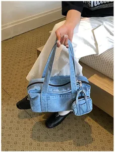 Vintage washed denim shoulder bag for women casual tote bag with mini coin purse daily use
