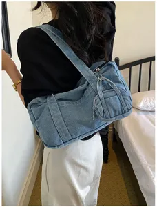 Vintage Washed Denim Shoulder Bag Casual Women Commuter Underarm Tote with Cute Pouch