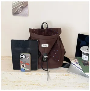 Brauner Kordelzug Rucksack Detailansicht, lässige studentische Schultasche mit Sternmuster innen.