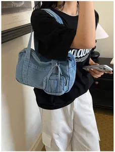 Vintage washed denim shoulder bag for women, casual underarm tote with mini pouch chic.