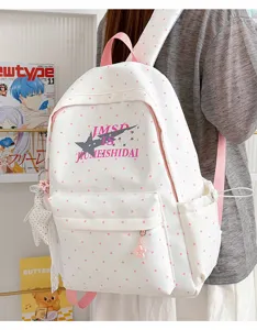White polka dot school backpack with star print aesthetic student bookbag large capacity