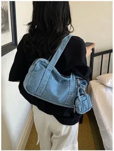 Vintage washed denim shoulder bag for women casual underarm tote bag with coin pouch accessory