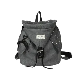 Grauer Canvas Rucksack mit Kapuze, süßes Pünktchenfutter, lässige Schultasche für Studenten.