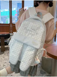 Sac à dos mignon style Harajuku avec oreilles de lapin, motif étoiles et dentelle école.