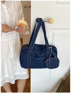 Retro washed denim tote bag for women, casual commuter shoulder bag with mini pouch.