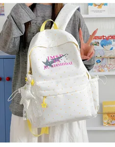 Detailed view of the cute polka dot school backpack featuring star graphic prints.