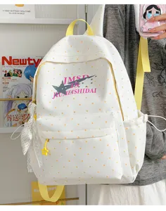 Detail view of the cute Japanese style polka dot backpack with star graphic and yellow straps.