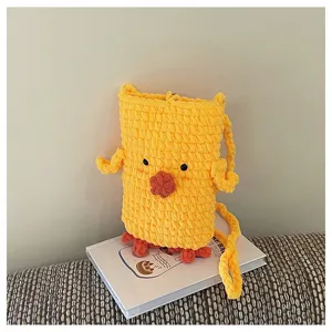 Handmade knit yellow chick cross body phone bag, cute cartoon shoulder pouch for girls.