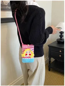 Gestrickte süße Mädchen Handy Umhängetasche, rosa farbblockierte Schultertasche für Reise.
