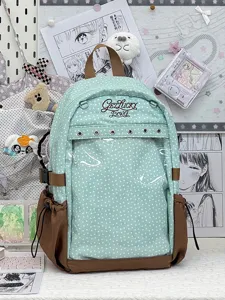 Zaino ita a pois verde menta con tasca frontale trasparente, grazioso zaino scolastico per studenti.