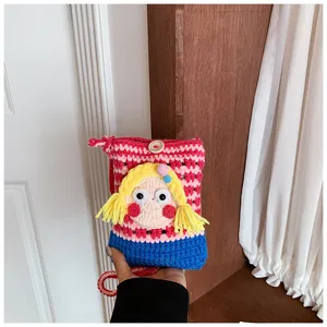 Hübsche Strick-Handytasche mit lustigem Mädchen-Muster, bunte Häkel-Umhängetasche für Reisen.