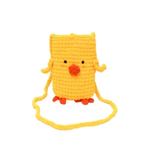 Handmade crochet cute chick design shoulder phone bag, vibrant yellow color with orange details.