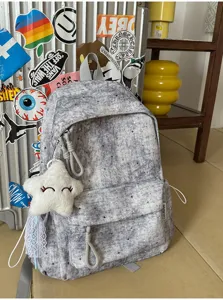 Grauer Sternen Schulrucksack mit Pluesch Stern Anhaenger, Grosskapazitaet Detailansicht.