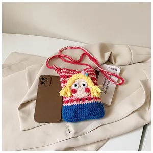 Süße Häkel-Handy-Tasche für Damen und Mädchen, bunte Karos Umhängetasche lässiger Stil.