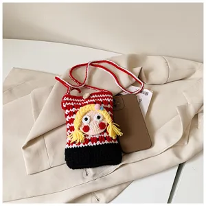 Gestrickte süße Cartoon Mädchen Umhängetasche Handy Tasche mit farbigem Block Design.
