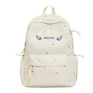 Detailaufnahme der niedlichen Pünktchen-Rucksackfront mit Engelsflügel Stickerei und Fronttasche.