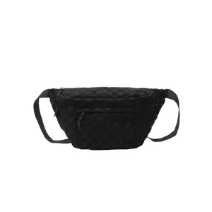 Schwarze karierte Nylon Gürteltasche, lässige Brusttasche und Umhängetasche für Reisen.