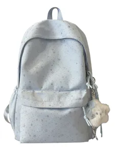 Hellblauer Rucksack mit Sternenmuster und niedlichem flauschigen Katzenanhänger für Schüler