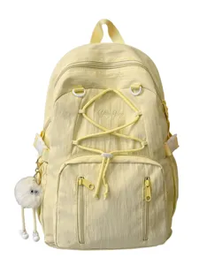 Light yellow student backpack with drawstring design, large capacity and cute plush pendant.