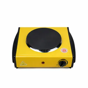 Vue détaillée de la plaque chauffante électrique de 1000W avec corps jaune et plaque noire.