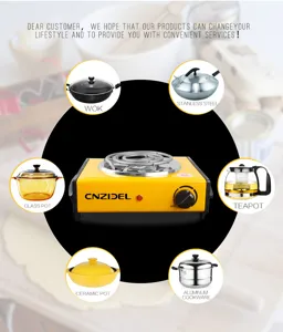 Vue détaillée de plaque chauffante électrique 1000W portable avec design jaune et ustensiles.