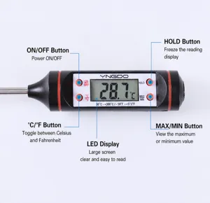 Digitales Küchenthermometer für Lebensmittel mit Edelstahlsonde und klarem LCD-Bildschirm.