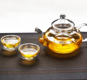 Detail shot of transparent heat-resistant glass teapot and double-wall cups with tea.