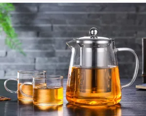 Teiera in vetro resistente al calore con infusore in acciaio inossidabile, dettaglio vista.