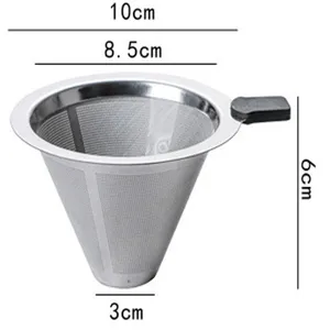 Roestvrijstalen koffiefilter kegel gedetailleerd weergave met exacte afmetingen.