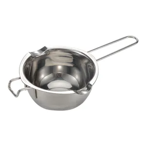 Stainless steel melting pot for butter and chocolate with long handle and dual pouring spouts.