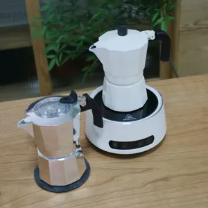 Dual valve moka pot espresso maker set with electric stove for home kitchen coffee brewing.