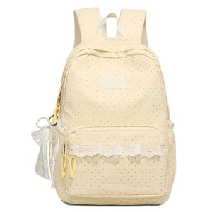 Detaillierter Rucksack mit Pünktchenmuster, Spitzenrüsche und hübschem Schleifenanhänger.