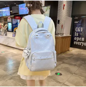Joli sac à dos style collège avec pois mignons pour l'école voyage et travail bleu clair