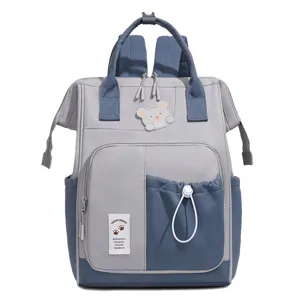 Grey and blue stylish large capacity diaper backpack, casual travel mother bag with cute bear.
