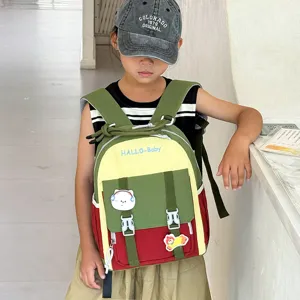 Colorful color-block preschool children backpack, cute student school bag with front pocket.