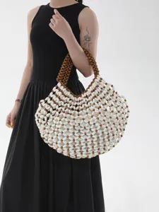 Sac de Plage Tissé à la Main en Perles de Bois Sac de Vacances Ajouré Minimaliste Grande Capacité Femmes Sac à Bandoulière Sous-Axillaire Avec Sac Intérieur Cordon