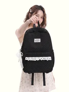 Süßer Pünktchen-Rucksack mit Spitzenbesatz, große Kapazität leichte Schultasche für Schüler.