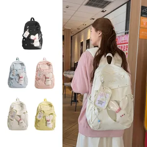 Niedlicher College-Stil Rucksack mit großer Kapazität, transparenter Tasche und Plüschhase.