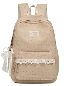 Hübscher Pünktchen Rucksack für Damen, beiger Schulranzen mit Spitze und süßer Schleife.